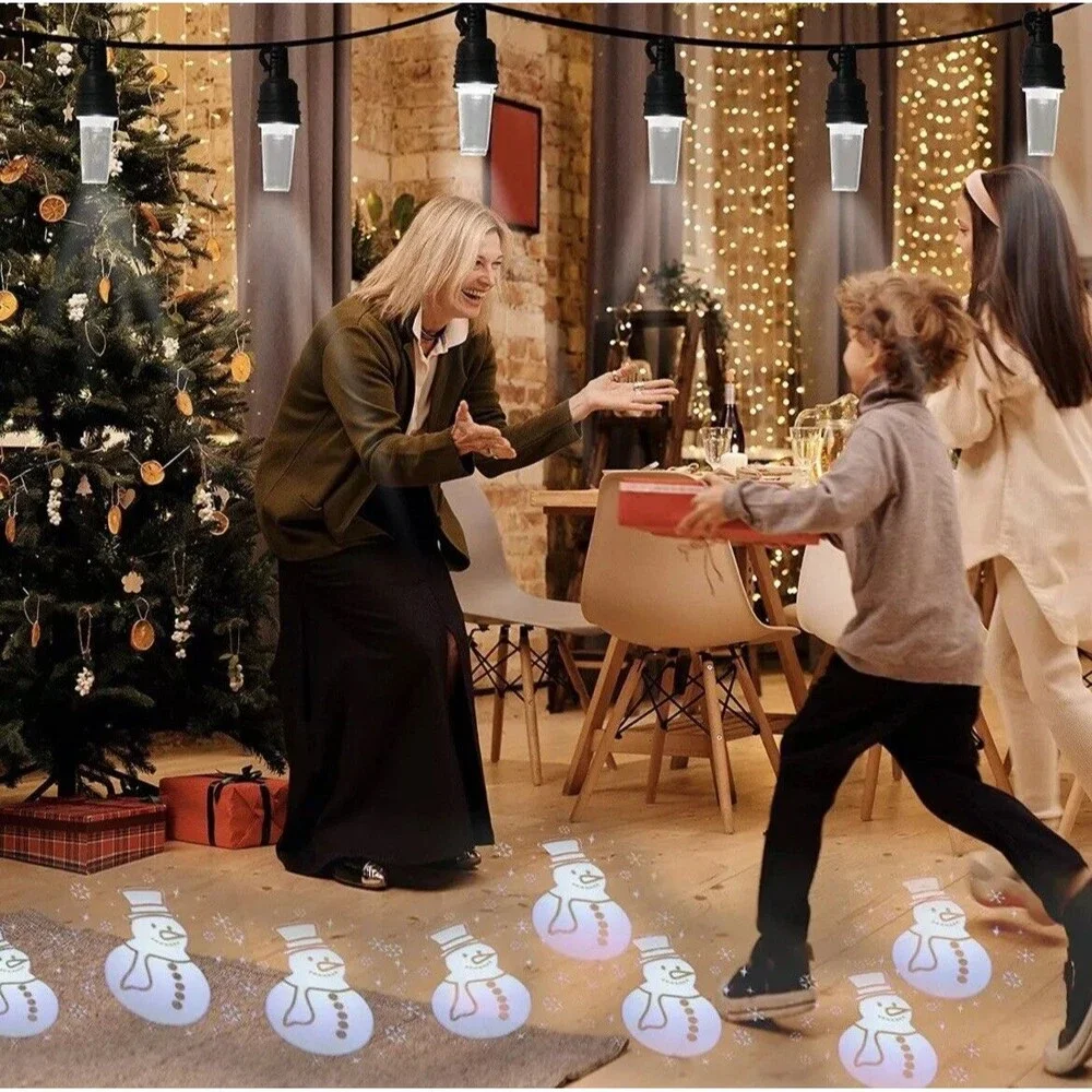 Snowman Picture Projector String Lights 10 LED Christmas Snowflake White 14.5ft